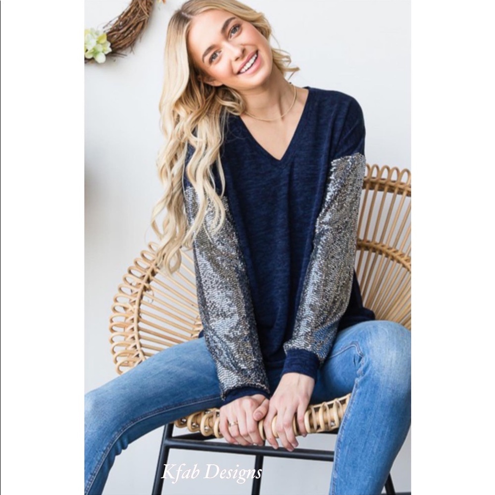❤️LAST! V Neck Midnight Blue Super Soft Sequin Sleeve Top! - Picture 2 of 16